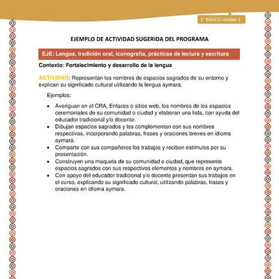 Actividad sugerida LC01 - Aymara - U03 - N°10: Representan los nombres de espacios sagrados de su entorno y explican su significado cultural utilizando la lengua aymara Actividad sugerida LC01 - Aymara - U03 - N°10: Representan los nombres de espacios sagrados de su entorno y explican su significado cultural utilizando la lengua aymara