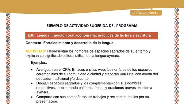 Actividad sugerida LC01 - Aymara - U03 - N°10: Representan los nombres de espacios sagrados de su entorno y explican su significado cultural utilizando la lengua aymara Actividad sugerida LC01 - Aymara - U03 - N°10: Representan los nombres de espacios sagrados de su entorno y explican su significado cultural utilizando la lengua aymara