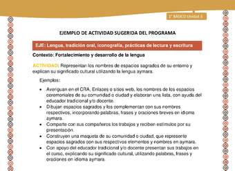 Actividad sugerida LC01 - Aymara - U03 - N°10: Representan los nombres de espacios sagrados de su entorno y explican su significado cultural utilizando la lengua aymara Actividad sugerida LC01 - Aymara - U03 - N°10: Representan los nombres de espacios sagrados de su entorno y explican su significado cultural utilizando la lengua aymara