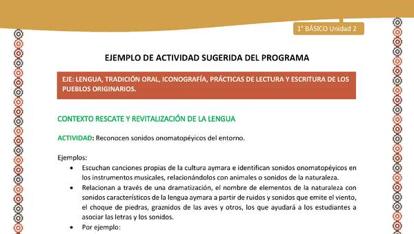 Actividad sugerida LC01 - Aymara - U02 - N°20: Reconocen sonidos onomatopéyicos del entorno Actividad sugerida LC01 - Aymara - U02 - N°20: Reconocen sonidos onomatopéyicos del entorno