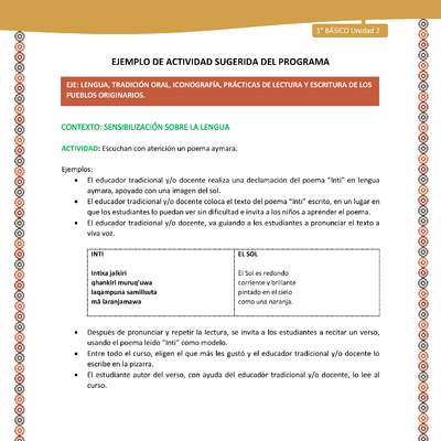 Actividad sugerida LC01 - Aymara - U02 - N°2:  Escuchan con atención un poema aymara Actividad sugerida LC01 - Aymara - U02 - N°2:  Escuchan con atención un poema aymara