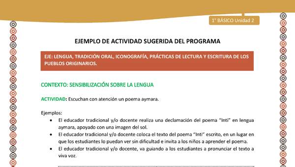 Actividad sugerida LC01 - Aymara - U02 - N°2:  Escuchan con atención un poema aymara Actividad sugerida LC01 - Aymara - U02 - N°2:  Escuchan con atención un poema aymara