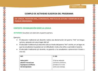 Actividad sugerida LC01 - Aymara - U02 - N°2:  Escuchan con atención un poema aymara Actividad sugerida LC01 - Aymara - U02 - N°2:  Escuchan con atención un poema aymara