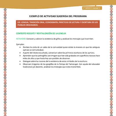 Actividad sugerida LC01 - Aymara - U02 - N°22: Conocen y valoran la existencia de glifos y analizan los mensajes que trasmiten Actividad sugerida LC01 - Aymara - U02 - N°22: Conocen y valoran la existencia de glifos y analizan los mensajes que trasmiten