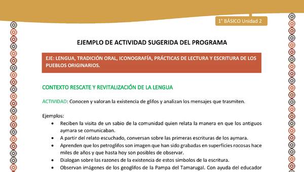 Actividad sugerida LC01 - Aymara - U02 - N°22: Conocen y valoran la existencia de glifos y analizan los mensajes que trasmiten Actividad sugerida LC01 - Aymara - U02 - N°22: Conocen y valoran la existencia de glifos y analizan los mensajes que trasmiten