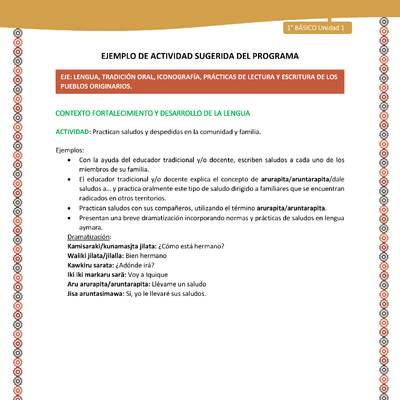 Actividad sugerida LC01 - Aymara - U01 - N°10: Practican saludos y despedidas en la comunidad y familia. Actividad sugerida LC01 - Aymara - U01 - N°10: Practican saludos y despedidas en la comunidad y familia.