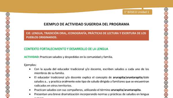 Actividad sugerida LC01 - Aymara - U01 - N°10: Practican saludos y despedidas en la comunidad y familia. Actividad sugerida LC01 - Aymara - U01 - N°10: Practican saludos y despedidas en la comunidad y familia.