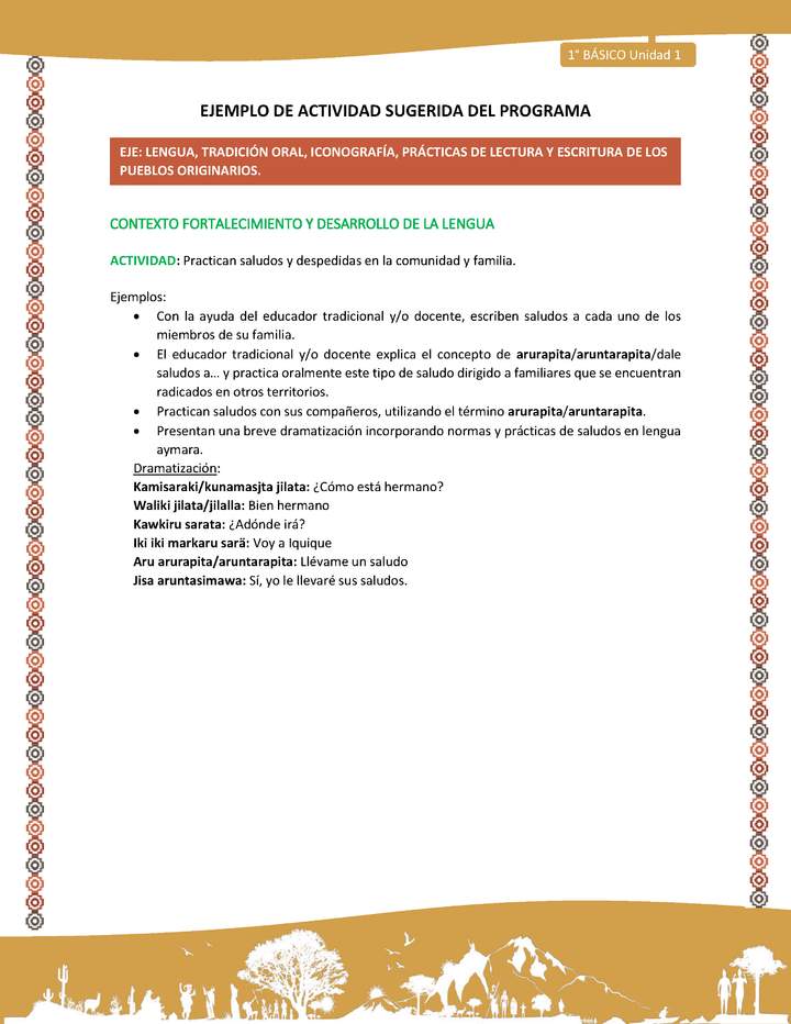Actividad sugerida LC01 - Aymara - U01 - N°10: Practican saludos y despedidas en la comunidad y familia. Actividad sugerida LC01 - Aymara - U01 - N°10: Practican saludos y despedidas en la comunidad y familia.
