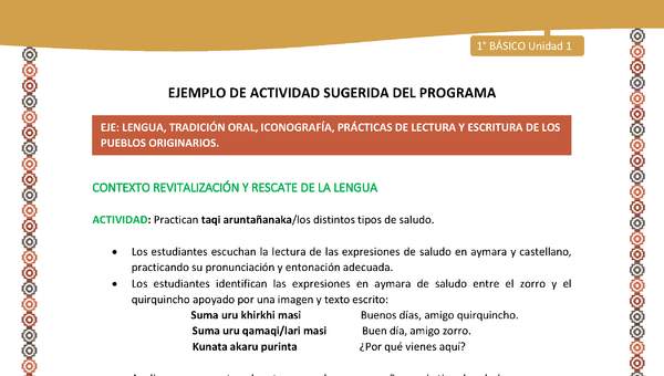 Actividad sugerida LC01 - Aymara - U01 - N°5: Practican taqi aruntañanaka/los distintos tipos de saludo. Actividad sugerida LC01 - Aymara - U01 - N°5: Practican taqi aruntañanaka/los distintos tipos de saludo.