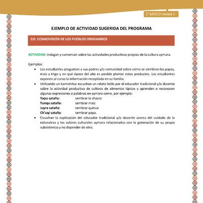: Indagan y conversan sobre las actividades productivas propias de la cultura aymara : Indagan y conversan sobre las actividades productivas propias de la cultura aymara