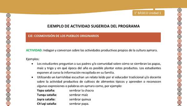 : Indagan y conversan sobre las actividades productivas propias de la cultura aymara : Indagan y conversan sobre las actividades productivas propias de la cultura aymara