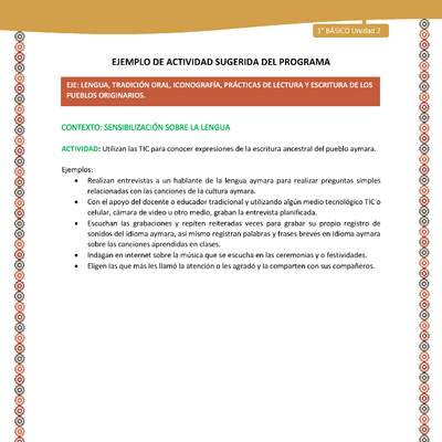Actividad sugerida LC01 - Aymara - U02 - N°19: Utilizan las TIC para conocer expresiones de la escritura ancestral del pueblo aymara2: Actividad sugerida LC01 - Aymara - U02 - N°19: Utilizan las TIC para conocer expresiones de la escritura ancestral del pueblo aymara2: