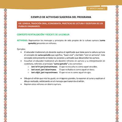 Actividad sugerida LC01 - Aymara - U01 - N°7: Representan los mensajes y principios de vida propios de la cultura aymara (suma qamaña) presentes en refranes. Actividad sugerida LC01 - Aymara - U01 - N°7: Representan los mensajes y principios de vida propios de la cultura aymara (suma qamaña) presentes en refranes.