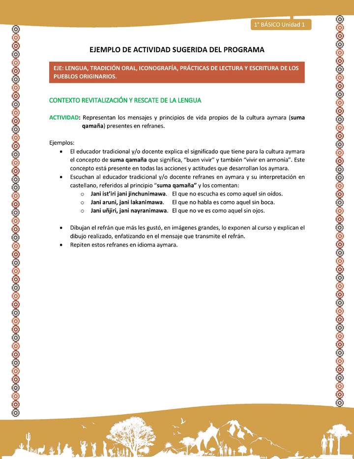 Actividad sugerida LC01 - Aymara - U01 - N°7: Representan los mensajes y principios de vida propios de la cultura aymara (suma qamaña) presentes en refranes. Actividad sugerida LC01 - Aymara - U01 - N°7: Representan los mensajes y principios de vida propios de la cultura aymara (suma qamaña) presentes en refranes.