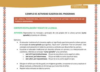 Actividad sugerida LC01 - Aymara - U01 - N°7: Representan los mensajes y principios de vida propios de la cultura aymara (suma qamaña) presentes en refranes. Actividad sugerida LC01 - Aymara - U01 - N°7: Representan los mensajes y principios de vida propios de la cultura aymara (suma qamaña) presentes en refranes.