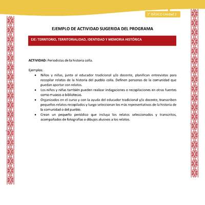 Actividad sugerida: LC02 - Colla - U2 - N°5: Periodistas de la historia colla. Actividad sugerida: LC02 - Colla - U2 - N°5: Periodistas de la historia colla.