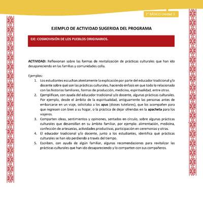 Actividad sugerida: LC02 - Colla - U3 - N°6: Reflexionan sobre las formas de revitalización de prácticas culturales que han ido desapareciendo en las familias y comunidades colla. Actividad sugerida: LC02 - Colla - U3 - N°6: Reflexionan sobre las formas de revitalización de prácticas culturales que han ido desapareciendo en las familias y comunidades colla.