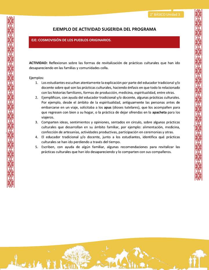 Actividad sugerida: LC02 - Colla - U3 - N°6: Reflexionan sobre las formas de revitalización de prácticas culturales que han ido desapareciendo en las familias y comunidades colla. Actividad sugerida: LC02 - Colla - U3 - N°6: Reflexionan sobre las formas de revitalización de prácticas culturales que han ido desapareciendo en las familias y comunidades colla.