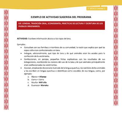 Actividad sugerida: LC02 - Colla - U3 - N°2: Escriben información alusiva a las ropas de lana. Actividad sugerida: LC02 - Colla - U3 - N°2: Escriben información alusiva a las ropas de lana.