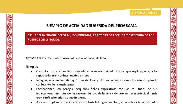 Actividad sugerida: LC02 - Colla - U3 - N°2: Escriben información alusiva a las ropas de lana. Actividad sugerida: LC02 - Colla - U3 - N°2: Escriben información alusiva a las ropas de lana.