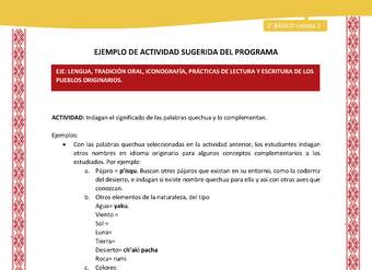 Actividad sugerida: LC02 - Colla - U2 - N°3: Indagan el significado de las palabras quechua y lo complementan. Actividad sugerida: LC02 - Colla - U2 - N°3: Indagan el significado de las palabras quechua y lo complementan.