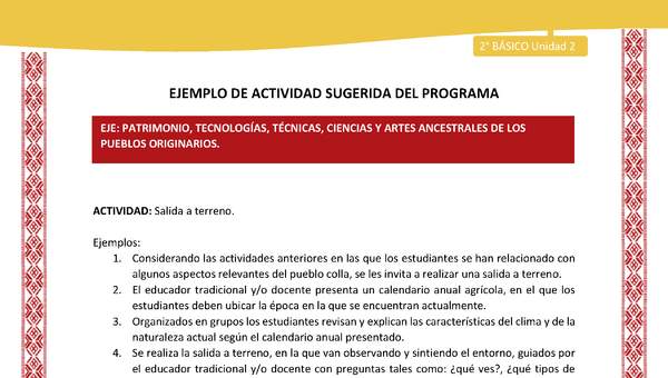 Actividad sugerida: LC02 - Colla - U2 - N°12: Salida a terreno. Actividad sugerida: LC02 - Colla - U2 - N°12: Salida a terreno.