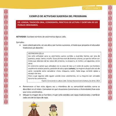Actividad sugerida: LC02 - Colla - U3 - N°1: Escriben nombres de vestimentas típicas colla. Actividad sugerida: LC02 - Colla - U3 - N°1: Escriben nombres de vestimentas típicas colla.