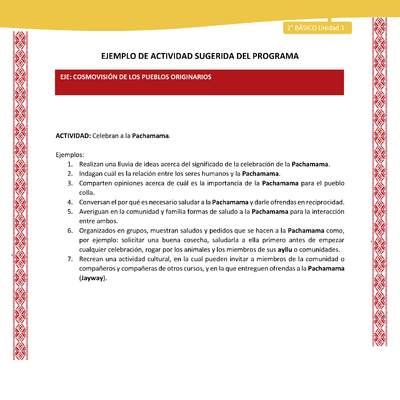 Actividad sugerida: LC02 - Colla - U1 - N°8: Celebran a la Pachamama. Actividad sugerida: LC02 - Colla - U1 - N°8: Celebran a la Pachamama.