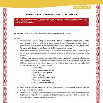 Actividad sugerida: LC02 - Colla - U4 - N°1: Conocen y nombran las señales de la naturaleza de su entorno. Actividad sugerida: LC02 - Colla - U4 - N°1: Conocen y nombran las señales de la naturaleza de su entorno.