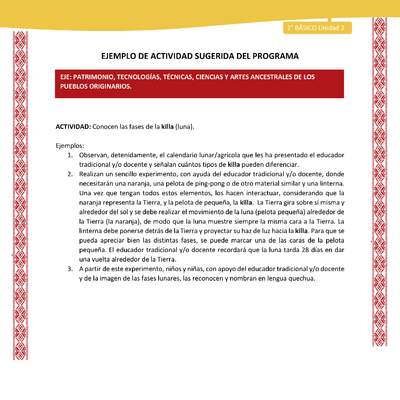 Actividad sugerida: LC02 - Colla - U2 - N°13: Conocen las fases de la killa (luna). Actividad sugerida: LC02 - Colla - U2 - N°13: Conocen las fases de la killa (luna).