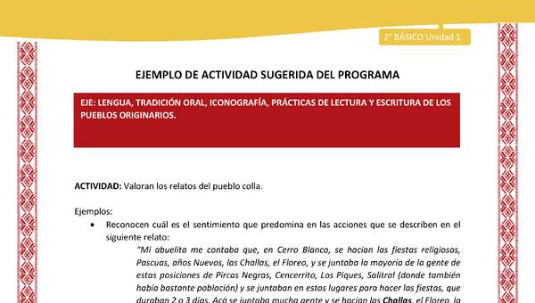 Actividad sugerida: LC02 - Colla - U1 - N°2: Valoran los relatos del pueblo colla Actividad sugerida: LC02 - Colla - U1 - N°2: Valoran los relatos del pueblo colla