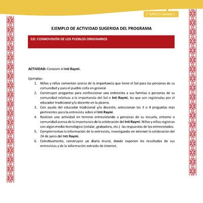 Actividad sugerida: LC02 - Colla - U1 - N°7: Conocen el Inti Raymi. Actividad sugerida: LC02 - Colla - U1 - N°7: Conocen el Inti Raymi.