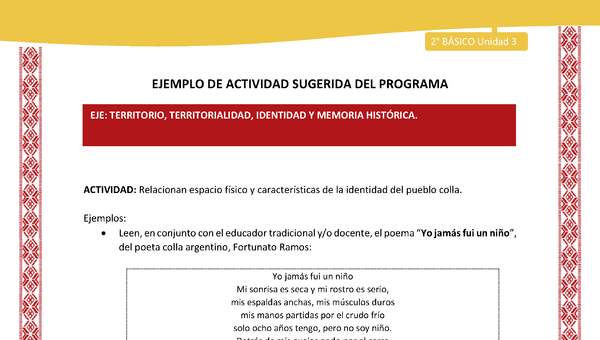 Actividad sugerida: LC02 - Colla - U3 - N°3: Relacionan espacio físico y características de la identidad del pueblo colla. Actividad sugerida: LC02 - Colla - U3 - N°3: Relacionan espacio físico y características de la identidad del pueblo colla.