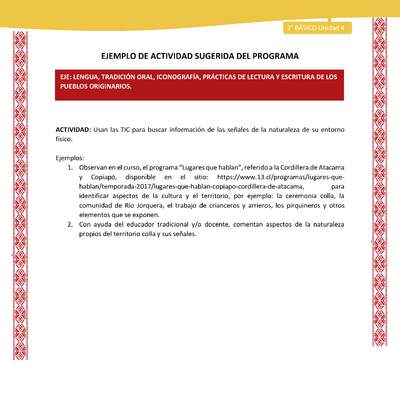 Actividad sugerida: LC02 - Colla - U4 - N°2: Usan las TIC para buscar información de las señales de la naturaleza de su entorno físico. Actividad sugerida: LC02 - Colla - U4 - N°2: Usan las TIC para buscar información de las señales de la naturaleza de su entorno físico.