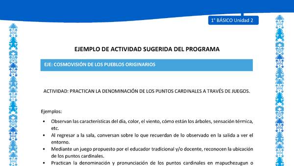 Actividad sugerida: LC01 - Mapuche - U2 - N°7: PRACTICAN LA DENOMINACIÓN DE LOS PUNTOS CARDINALES A TRAVÉS DE JUEGOS. Actividad sugerida: LC01 - Mapuche - U2 - N°7: PRACTICAN LA DENOMINACIÓN DE LOS PUNTOS CARDINALES A TRAVÉS DE JUEGOS.