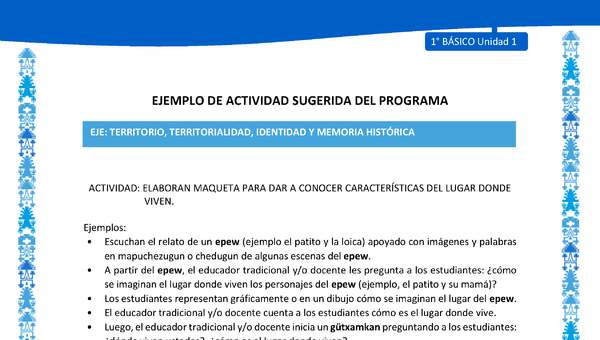 Actividad sugerida: LC01 - Mapuche - U1 - N°7: ELABORAN MAQUETA PARA DAR A CONOCER CARACTERÍSTICAS DEL LUGAR DONDE VIVEN. Actividad sugerida: LC01 - Mapuche - U1 - N°7: ELABORAN MAQUETA PARA DAR A CONOCER CARACTERÍSTICAS DEL LUGAR DONDE VIVEN.