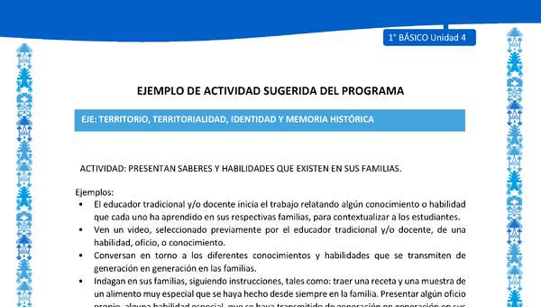 Actividad sugerida: LC01 - Mapuche - U4 - N°4: PRESENTAN SABERES Y HABILIDADES QUE EXISTEN EN SUS FAMILIAS. Actividad sugerida: LC01 - Mapuche - U4 - N°4: PRESENTAN SABERES Y HABILIDADES QUE EXISTEN EN SUS FAMILIAS.