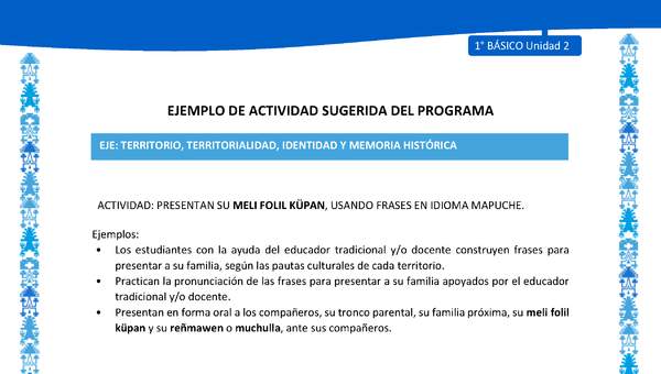Actividad sugerida: LC01 - Mapuche - U2 - N°6: PRESENTAN SU MELI FOLIL KÜPAN, USANDO FRASES EN IDIOMA MAPUCHE. Actividad sugerida: LC01 - Mapuche - U2 - N°6: PRESENTAN SU MELI FOLIL KÜPAN, USANDO FRASES EN IDIOMA MAPUCHE.