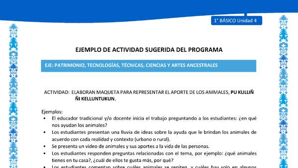 Actividad sugerida: LC01 - Mapuche - U4 - N°6: ELABORAN MAQUETA PARA REPRESENTAR EL APORTE DE LOS ANIMALES, PU KULLIÑ ÑI KELLUNTUKUN. Actividad sugerida: LC01 - Mapuche - U4 - N°6: ELABORAN MAQUETA PARA REPRESENTAR EL APORTE DE LOS ANIMALES, PU KULLIÑ ÑI KELLUNTUKUN.