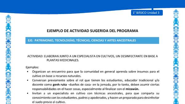 Actividad sugerida: LC01 - Mapuche - U3 - N°12: ELABORAN JUNTO A UN ESPECIALISTA EN CULTIVOS, UN DESINFECTANTE EN BASE A PLANTAS MEDICINALES. Actividad sugerida: LC01 - Mapuche - U3 - N°12: ELABORAN JUNTO A UN ESPECIALISTA EN CULTIVOS, UN DESINFECTANTE EN BASE A PLANTAS MEDICINALES.