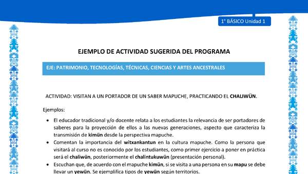 Actividad sugerida: LC01 - Mapuche - U1 - N°11: VISITAN A UN PORTADOR DE UN SABER MAPUCHE, PRACTICANDO EL CHALIWÜN. Actividad sugerida: LC01 - Mapuche - U1 - N°11: VISITAN A UN PORTADOR DE UN SABER MAPUCHE, PRACTICANDO EL CHALIWÜN.
