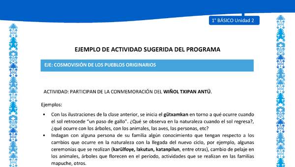 Actividad sugerida: LC01 - Mapuche - U2 - N°9: PARTICIPAN DE LA CONMEMORACIÓN DEL WIÑOL TXIPAN ANTÜ. Actividad sugerida: LC01 - Mapuche - U2 - N°9: PARTICIPAN DE LA CONMEMORACIÓN DEL WIÑOL TXIPAN ANTÜ.