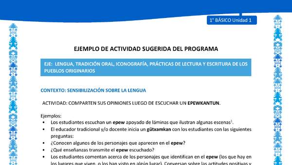 Actividad sugerida: LC01 - Mapuche - U1 - N°2: COMPARTEN SUS OPINIONES LUEGO DE ESCUCHAR UN EPEWKANTUN. Actividad sugerida: LC01 - Mapuche - U1 - N°2: COMPARTEN SUS OPINIONES LUEGO DE ESCUCHAR UN EPEWKANTUN.