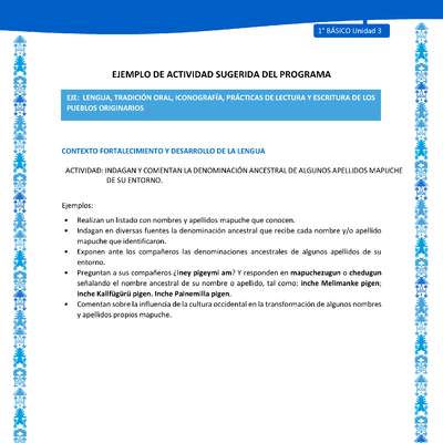 Actividad sugerida: LC01 - Mapuche - U3 - N°6: INDAGAN Y COMENTAN LA DENOMINACIÓN ANCESTRAL DE ALGUNOS APELLIDOS MAPUCHE DE SU ENTORNO. Actividad sugerida: LC01 - Mapuche - U3 - N°6: INDAGAN Y COMENTAN LA DENOMINACIÓN ANCESTRAL DE ALGUNOS APELLIDOS MAPUCHE DE SU ENTORNO.