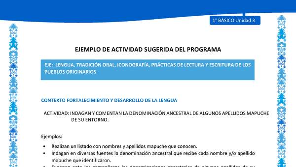 Actividad sugerida: LC01 - Mapuche - U3 - N°6: INDAGAN Y COMENTAN LA DENOMINACIÓN ANCESTRAL DE ALGUNOS APELLIDOS MAPUCHE DE SU ENTORNO. Actividad sugerida: LC01 - Mapuche - U3 - N°6: INDAGAN Y COMENTAN LA DENOMINACIÓN ANCESTRAL DE ALGUNOS APELLIDOS MAPUCHE DE SU ENTORNO.