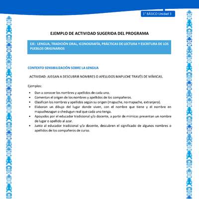 Actividad sugerida: LC01 - Mapuche - U3 - N°2: JUEGAN A DESCUBRIR NOMBRES O APELLIDOS MAPUCHE TRAVÉS DE MÍMICAS. Actividad sugerida: LC01 - Mapuche - U3 - N°2: JUEGAN A DESCUBRIR NOMBRES O APELLIDOS MAPUCHE TRAVÉS DE MÍMICAS.