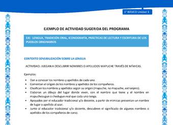 Actividad sugerida: LC01 - Mapuche - U3 - N°2: JUEGAN A DESCUBRIR NOMBRES O APELLIDOS MAPUCHE TRAVÉS DE MÍMICAS. Actividad sugerida: LC01 - Mapuche - U3 - N°2: JUEGAN A DESCUBRIR NOMBRES O APELLIDOS MAPUCHE TRAVÉS DE MÍMICAS.