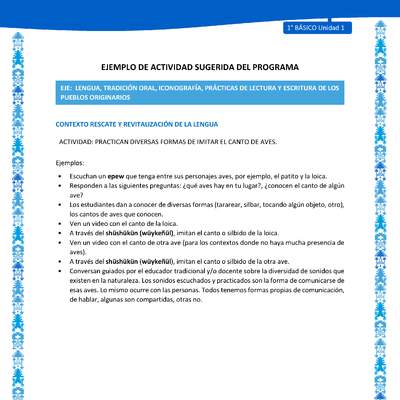 Actividad sugerida: LC01 - Mapuche - U1 - N°3: PRACTICAN DIVERSAS FORMAS DE IMITAR EL CANTO DE AVES. Actividad sugerida: LC01 - Mapuche - U1 - N°3: PRACTICAN DIVERSAS FORMAS DE IMITAR EL CANTO DE AVES.