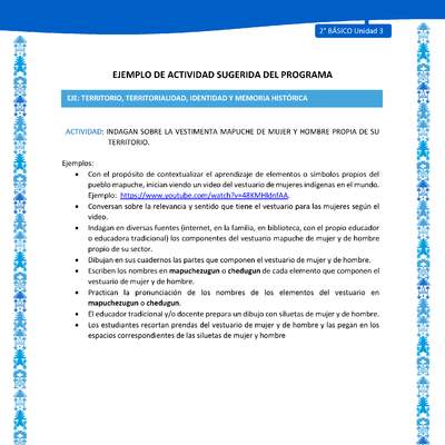Actividad sugerida: LC02 - Mapuche - U3 - N°4: INDAGAN SOBRE LA VESTIMENTA MAPUCHE DE MUJER Y HOMBRE PROPIA DE SU TERRITORIO. Actividad sugerida: LC02 - Mapuche - U3 - N°4: INDAGAN SOBRE LA VESTIMENTA MAPUCHE DE MUJER Y HOMBRE PROPIA DE SU TERRITORIO.