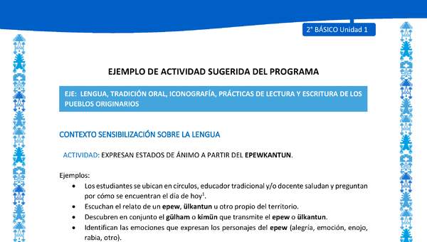 Actividad sugerida: LC02 - Mapuche - U1 - N°1: EXPRESAN ESTADOS DE ÁNIMO A PARTIR DEL EPEWKANTUN. Actividad sugerida: LC02 - Mapuche - U1 - N°1: EXPRESAN ESTADOS DE ÁNIMO A PARTIR DEL EPEWKANTUN.